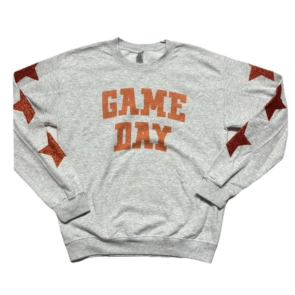 Game Day Sweatshirt School Spirit Gray Orange Glitter Stars Blingy Sports Size S